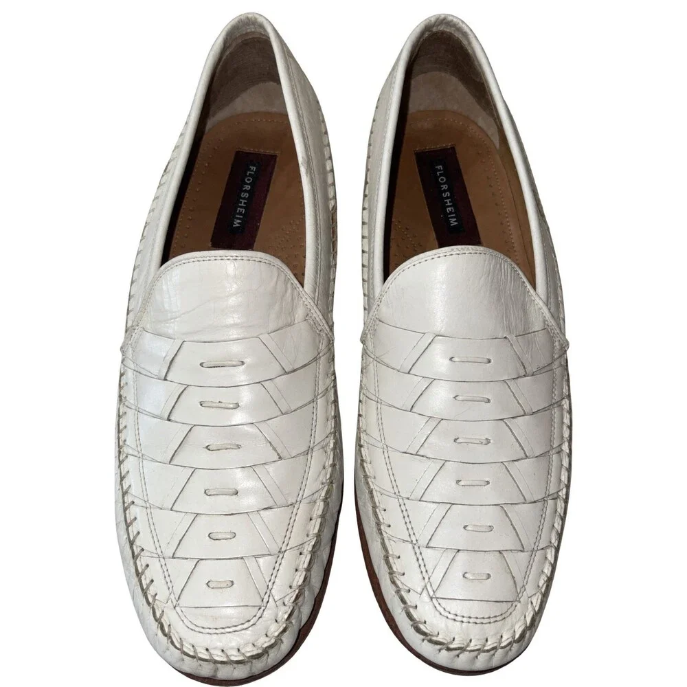 Florsheim Woven Leather Penny Loafers Cream Slip On Moc Toe Dress Shoes Men 10 D